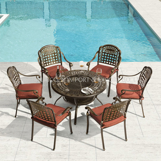 Outdoor Furniture Cast Aluminium BBQ Table with Six Chairs with Cushion