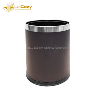 Hotel Guestroom PU Leather Round Indoor Metal Dustbins
