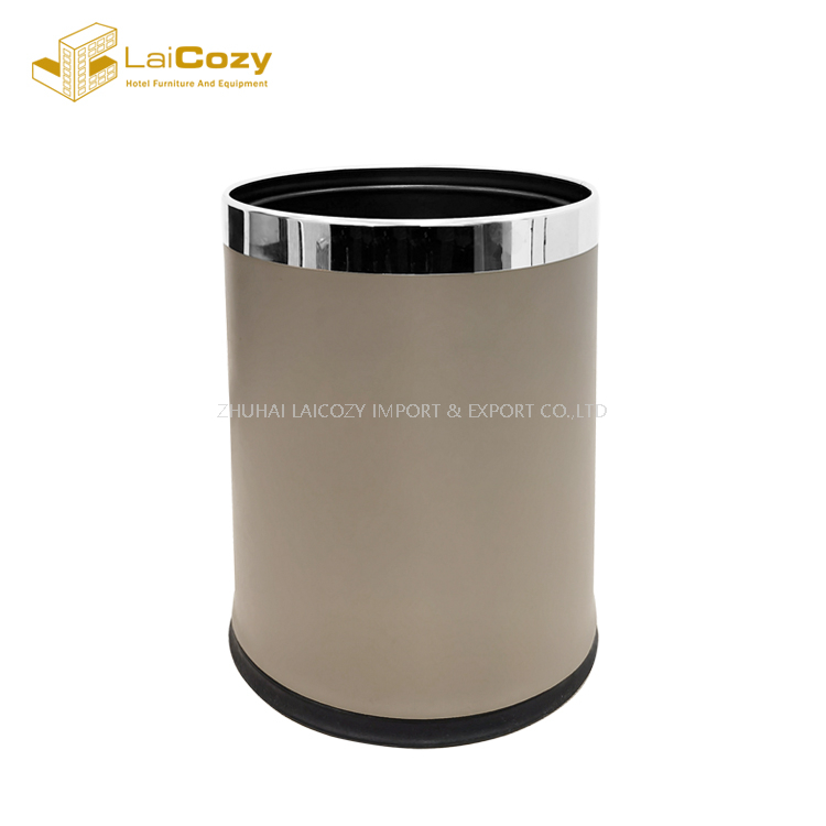 Guestroom brown color leather metal double layer dustbins