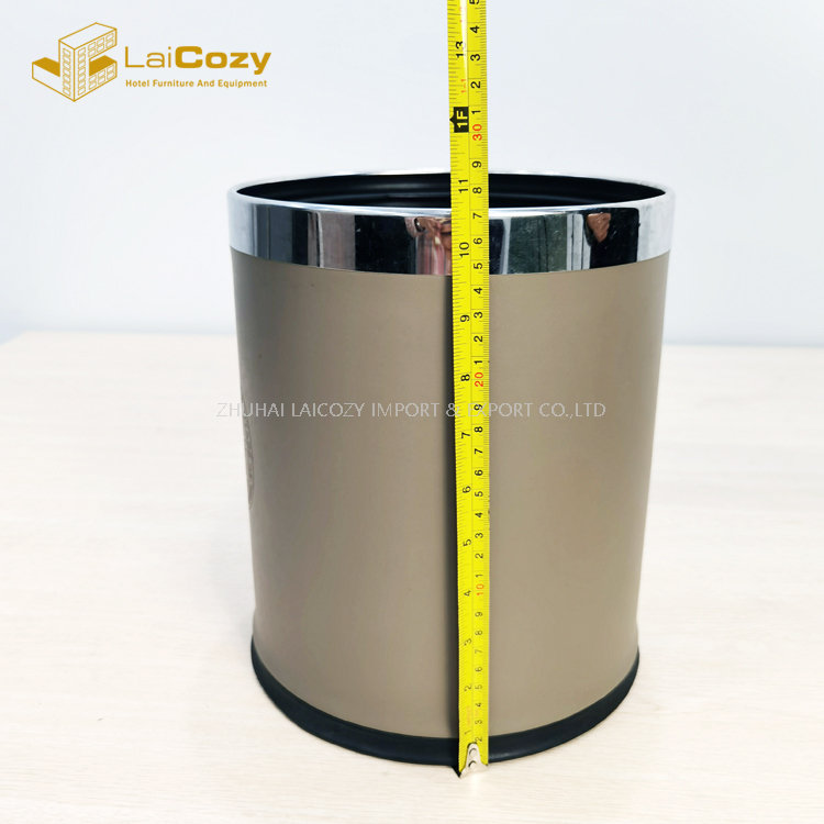 Guestroom brown color leather metal double layer dustbins